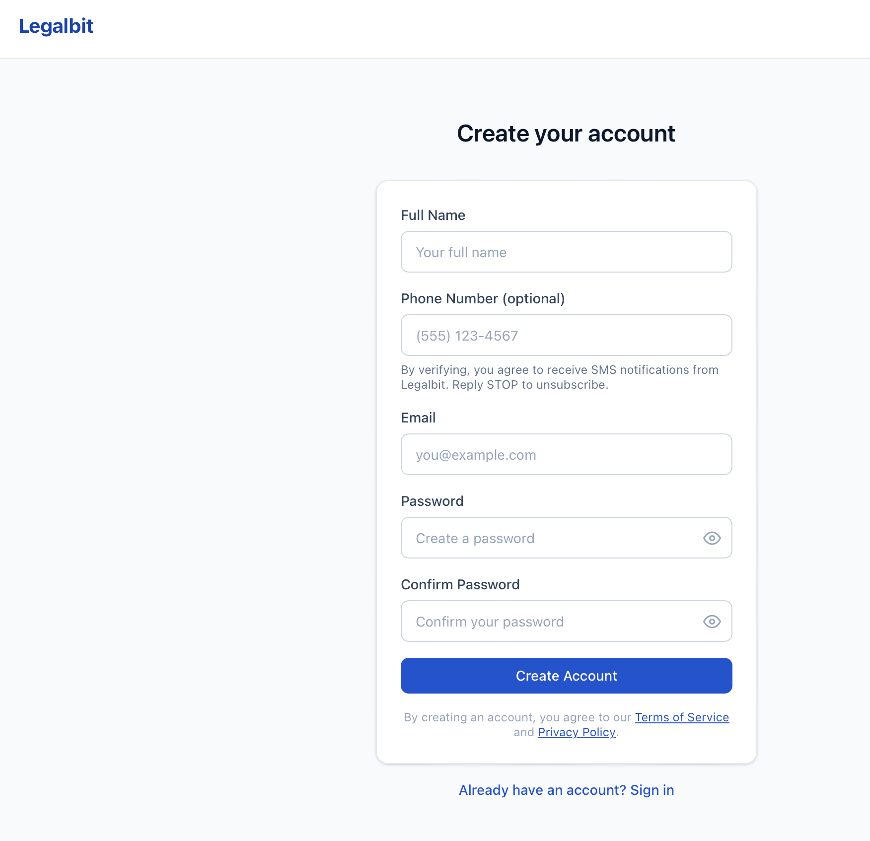 Legalbit sign-up form showing an optional phone number field with SMS consent language immediately beneath it.