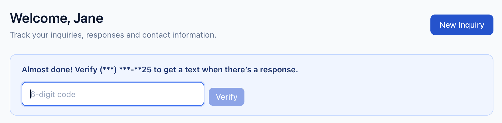 In-app verification step where the user enters the six-digit code sent to their phone.